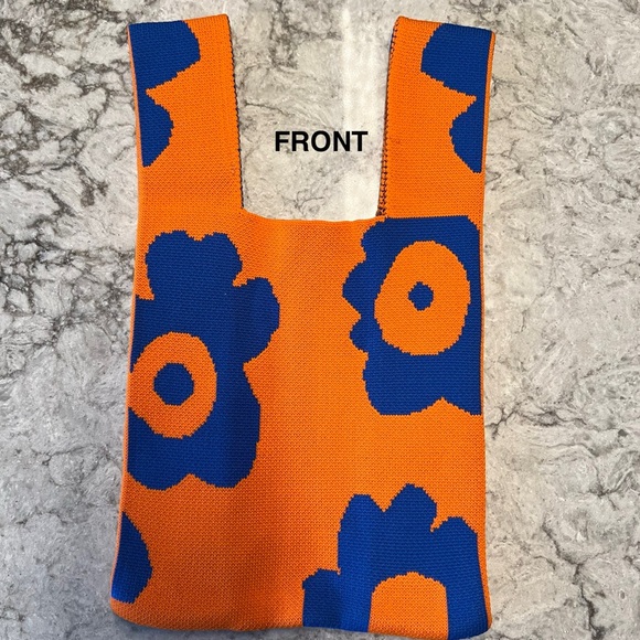 Mini Knitted Wristlet Bag - Foldable Tote - Orange and Blue Floral - Picture 3 of 9